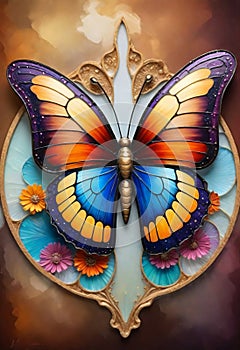 Fantasy artwork of a mesmerizing, jewel-toned butterfly in vivid, shimmering detail, set against a vibrant floral backdrop in a