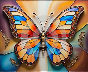 Fantasy artwork of a mesmerizing, jewel-toned butterfly in vivid, shimmering detail, set against a vibrant floral relief art and