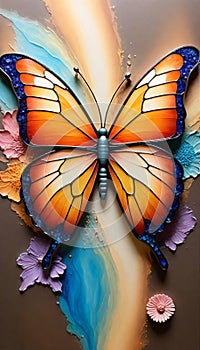 Fantasy artwork of a mesmerizing, jewel-toned butterfly in vivid, shimmering detail, set against a vibrant floral relief art and