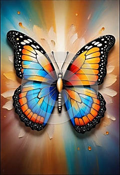 Fantasy artwork of a mesmerizing, jewel-toned butterfly in vivid, shimmering detail, set against a vibrant floral relief art and