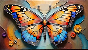 Fantasy artwork of a mesmerizing, jewel-toned butterfly in vivid, shimmering detail, set against a vibrant floral relief art and