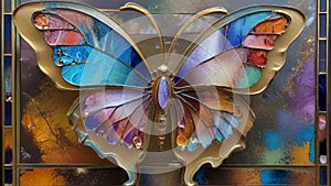 Fantasy Artwork of a Mesmerizing, Translucent Butterfly in Stained Glass Style, Set Against a Mosaic Glass Background