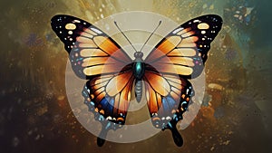 Fantasy Artwork of a Mesmerizing, Translucent Butterfly in Stained Glass Style, Set Against a Soft Out of Focus Background