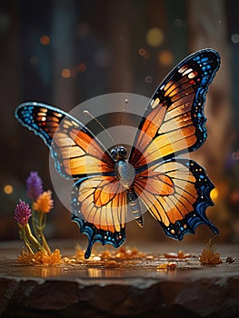 Fantasy Artwork of a Mesmerizing, Translucent Butterfly in Stained Glass Style, Set Against a Soft Out of Focus Background