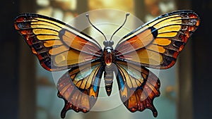 Fantasy Artwork of a Mesmerizing, Translucent Butterfly in Stained Glass Style, Set Against a Soft Out of Focus Background