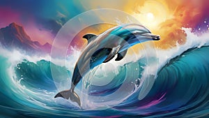 Fantasy Artwork Oil Painting of a Bottlenose Dolphin Jumping Out of Wave with Alcohol Ink Sunset Backdrop