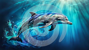 Fantasy Artwork Oil Painting of a Bottlenose Dolphin Swimming Underwater Creating Swirling Water current with Tail Fin with