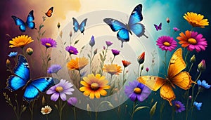 Fantasy artwork of a surreal vibrant, kaleidoscopic meadow filled with delicate and colorful butterflies and blooming, jewel-toned