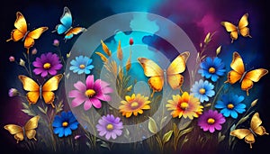 Fantasy artwork of a surreal vibrant, kaleidoscopic meadow filled with delicate and colorful butterflies and blooming, jewel-toned