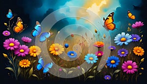 Fantasy artwork of a surreal vibrant, kaleidoscopic meadow filled with delicate and colorful butterflies and blooming, jewel-toned