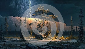 Tunguska event shockwave and lightning, fantasy interpretation. Generative AI photo