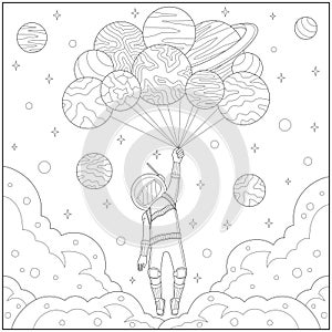 Fantasy astronout flying in the sky with planet balloon. Learning and education coloring page