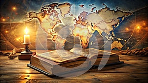 Fantasy background with ancient magic book and map. .