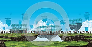 Fantasy background of a flying islands landscape. Horizontal tiles.