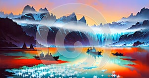 Frozen lake and snow capped mountains Glacier lake scenery Ice Melting Generative ai photo