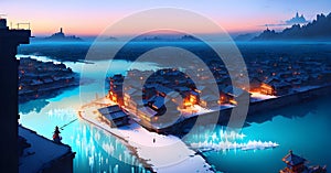 Frozen lake and snow capped mountains Glacier lake scenery Ice Melting Generative ai photo