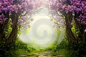 Fantasy background. Magic forest.Beautiful spring landscape.Lilac trees in blossom,