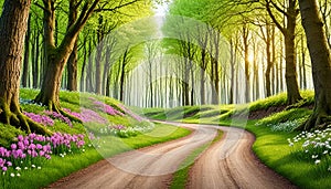 Fantasy background . Magic forest with road. Beautiful spring landscape