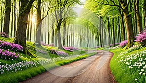 Fantasy background . Magic forest with road. Beautiful spring landscape