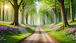 Fantasy background . Magic forest with road. Beautiful spring landscape