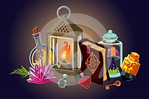 Fantasy background. Magic items collection. Video game items, cartoon style illustration. Vector art.