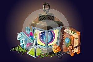 Fantasy background. Magic items collection. Video game items, cartoon style illustration. Vector art.