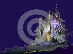 Fantasy background with old Celtic castle. Medieval kingdom. Imaginary Middle ages in fairyland. Illustration for kids fairy tale