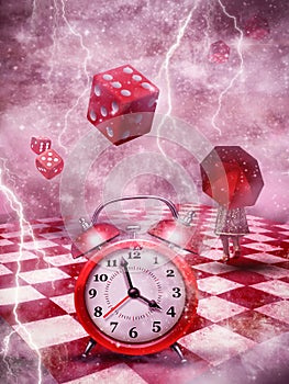 Fantasy background with red chess board , red dice and old red clock, girl with red umbrella , imagined world behind clouds