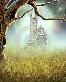 Mystical Fantasy Castle Tower Rising Through Mist Under Starry Sky