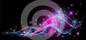 Fantasy banner. Fantastic curving waves and magical glowing stars on black purple background