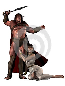 Fantasy barbarian warrior with female companion photo