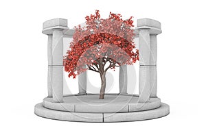 Fantasy Beautiful Autumn Red Tree in the Centre of Stone Antique Podium with Columns. 3d Rendering