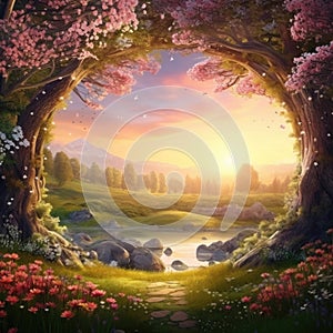 Fantasy beautiful landscape with magic portal in mystic fairy landscape.