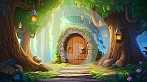 Fantasy beautiful landscape with magic portal in mystic fairy tale forest. fairy door. generative ai