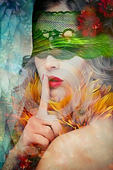 Fantasy beautiful woman silence gesture composite photo