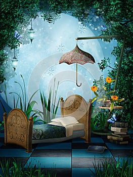 Fantasy bedroom with lamps