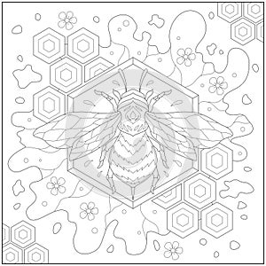 Fantasy bee in the beeswax and honey with flower and beautiful hexagon border. Learning and education coloring page