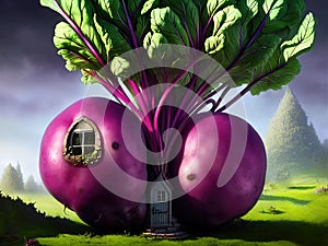 Fantasy beetroot-like house growing in vegetable garden