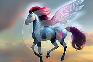 Fantasy being, white horse with fairy wings and purple hair