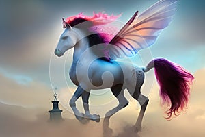 Fantasy being, white horse with fairy wings and purple hair