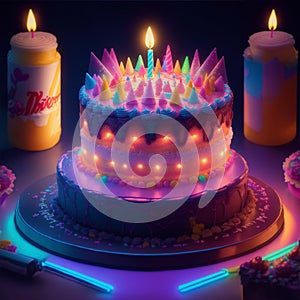 fantasy birthday cake with glowing neon lights