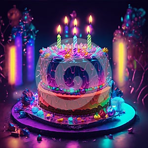 fantasy birthday cake with glowing neon lights