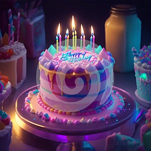 fantasy birthday cake with glowing neon lights