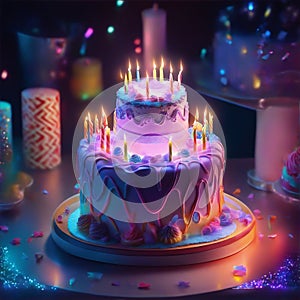 fantasy birthday cake with glowing neon lights