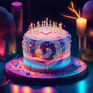 fantasy birthday cake with glowing neon lights