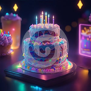 fantasy birthday cake with glowing neon lights