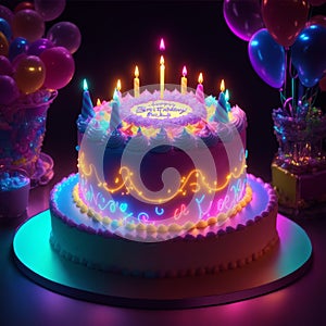 fantasy birthday cake with glowing neon lights