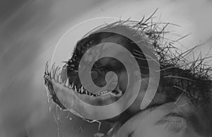 Fantasy black and white painting of huge hairy predatory creature with a massive jaw - digital illustration photo