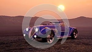 Fantasy blue luxury roadster sports car with headlights on during sunset in a desert landscape. 3D rendering
