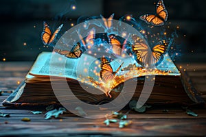 Fantasy book, Butterflies Flying Out Of Open Book background or wallpaper, fairy tale book concept